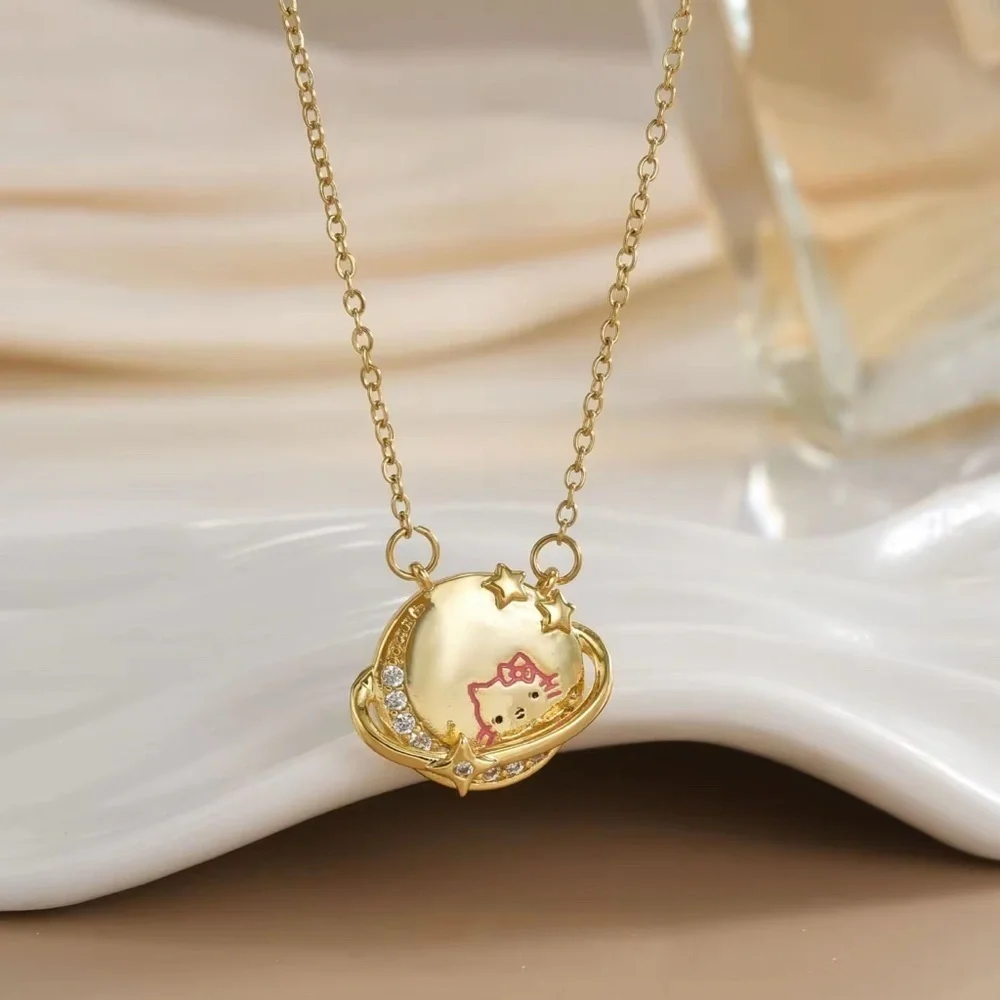 18K Gold Hello Kitty “Kitty In The Moon” Planet Diamond Accent Necklace Kawaii